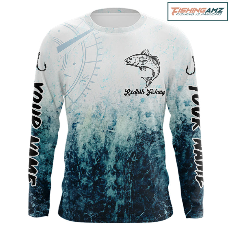 Personalized Redfish Fishing Shirt Long Sleeve Deep Sea Fishing Shirt, Ocean Wave Fishing Apparel NHT1464