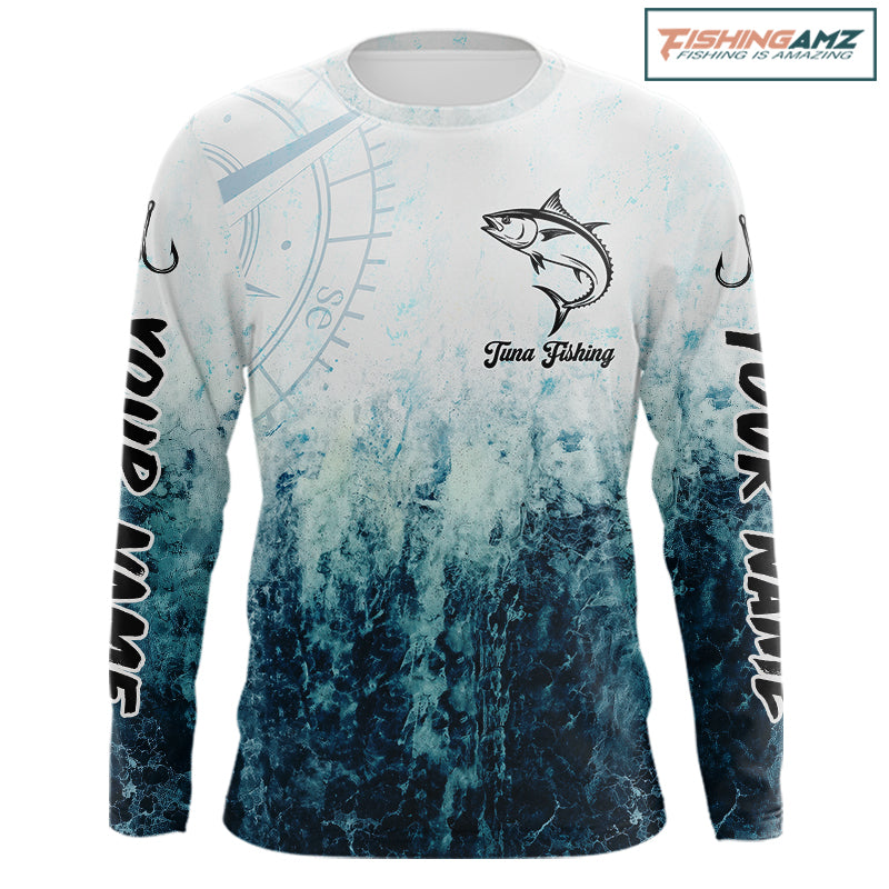 Personalized Tuna Fishing Shirt Long Sleeve Deep Sea Fishing Shirt, Ocean Wave Fishing Apparel NHT1465