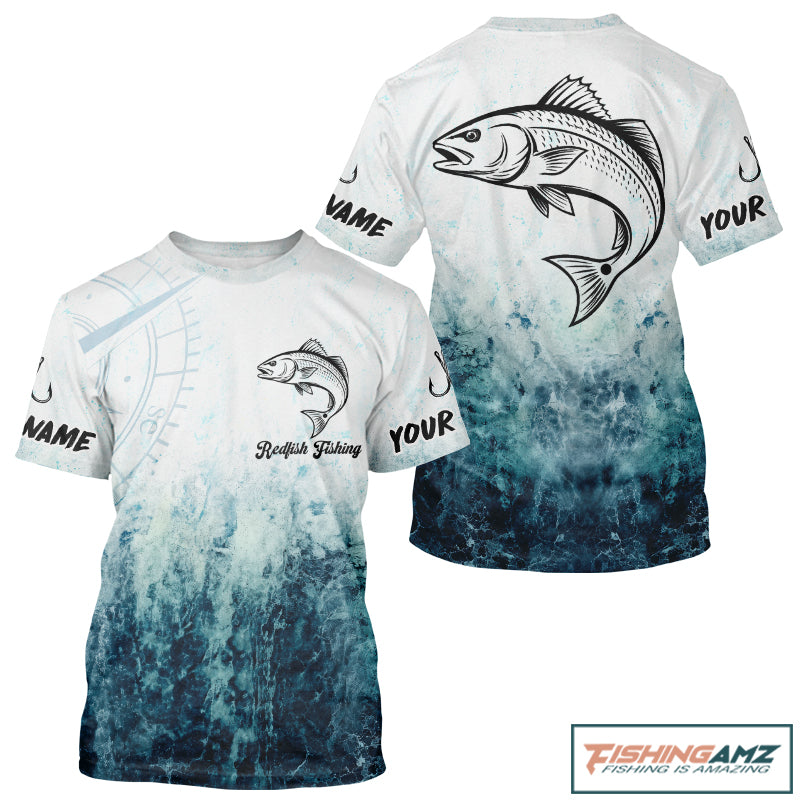 Personalized Redfish Fishing Shirt Short Sleeve Deep Sea Fishing Shirt, Ocean Wave Fishing Apparel NHT1464