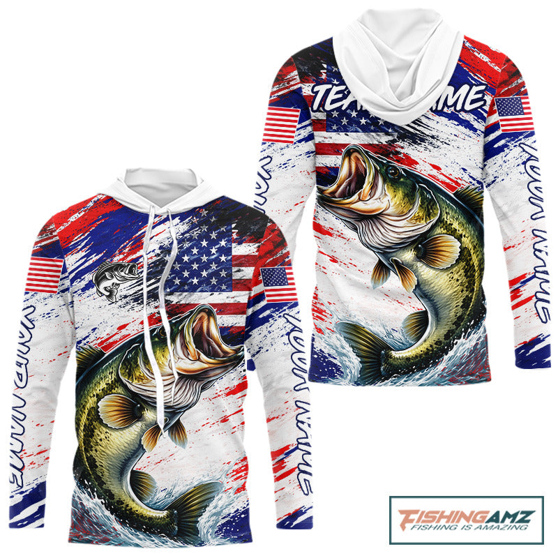 Hooded Patriotic Bass Fishing Tournament Shirts, Personalized American Flag Bass Fishing Jerseys