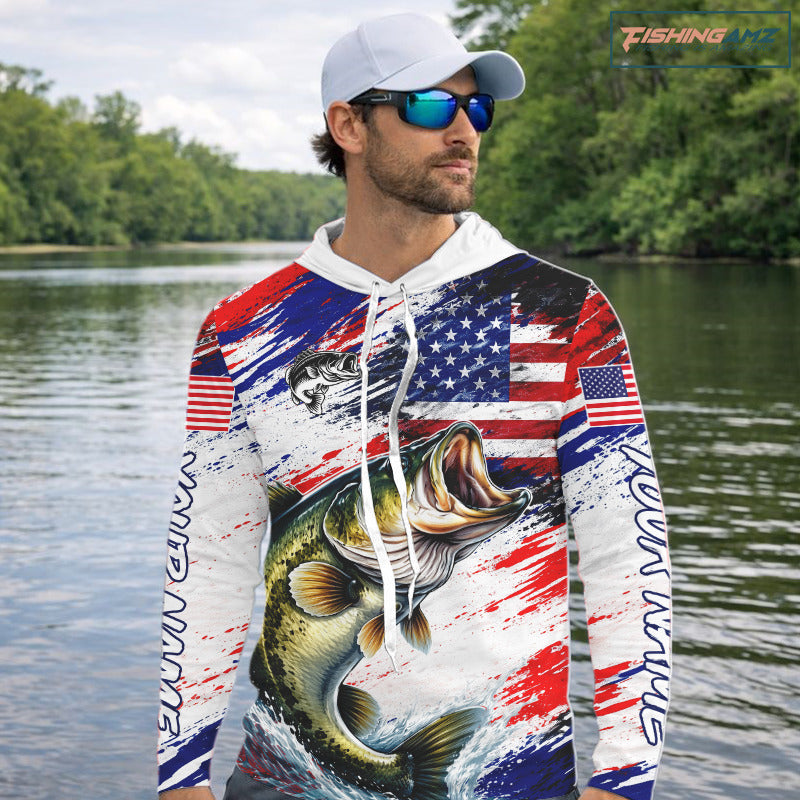 Hooded Patriotic Bass Fishing Tournament Shirts, Personalized American Flag Bass Fishing Jerseys