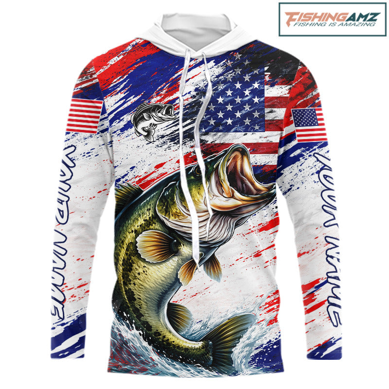Hooded Patriotic Bass Fishing Tournament Shirts, Personalized American Flag Bass Fishing Jerseys