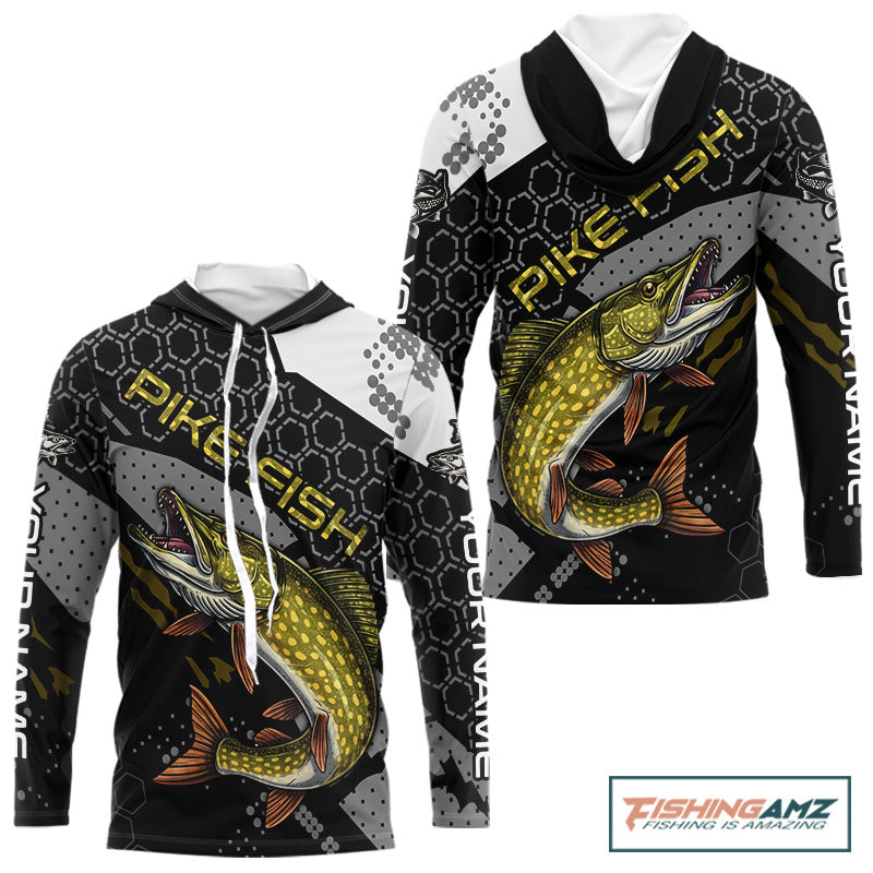 Custom Pike Hooded Long Sleeve Fishing Shirts For Men, Design Pike Fishing Jerseys NHT446