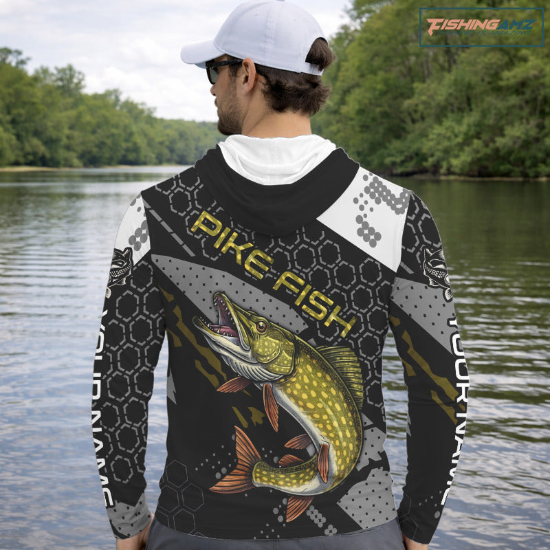 Custom Pike Hooded Long Sleeve Fishing Shirts For Men, Design Pike Fishing Jerseys NHT446