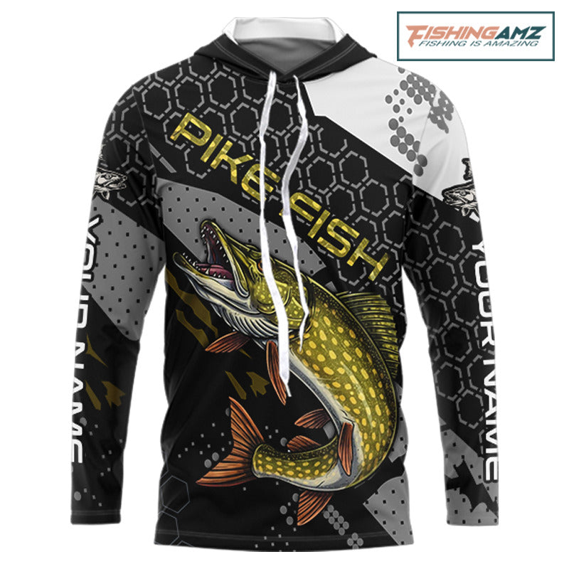 Custom Pike Hooded Long Sleeve Fishing Shirts For Men, Design Pike Fishing Jerseys NHT446