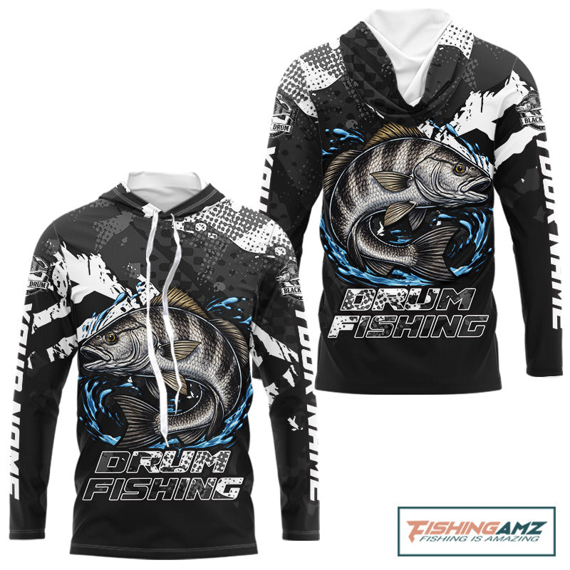 Beautiful Black Drum Fishing Shirts Long Sleeve Hooded For Men, Fishing Shirt Tournament NHT447