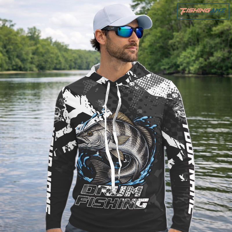 Beautiful Black Drum Fishing Shirts Long Sleeve Hooded For Men, Fishing Shirt Tournament NHT447