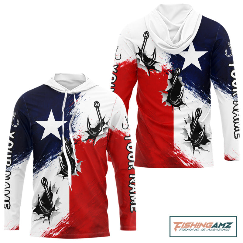 Texas Fishing Fish Hooks Patriotic Hooded Fishing Shirt Long Sleeve, Custom Name Fishing Jerseys NHT664
