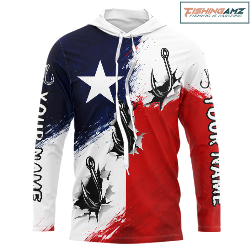 Texas Fishing Fish Hooks Patriotic Hooded Fishing Shirt Long Sleeve, Custom Name Fishing Jerseys NHT664