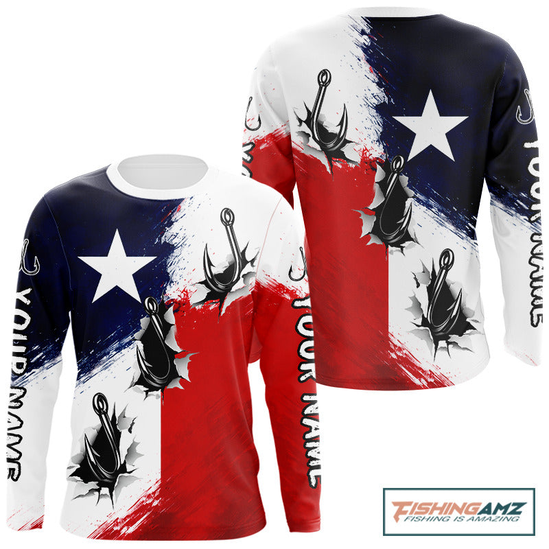 Texas Fishing Fish Hooks Patriotic Fishing Shirt Long Sleeve, Custom Name Fishing Jerseys NHT664