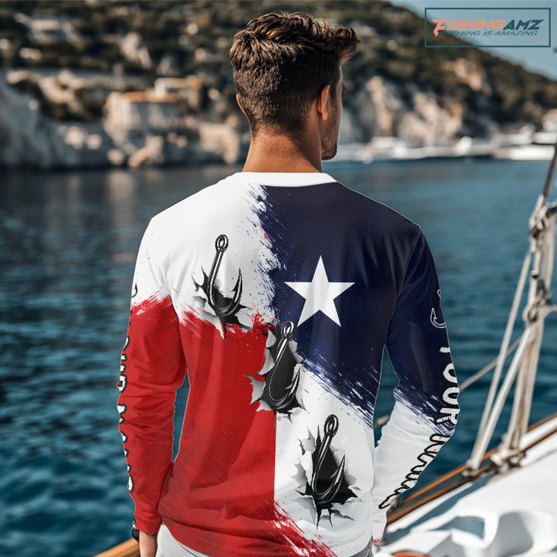 Texas Fishing Fish Hooks Patriotic Fishing Shirt Long Sleeve, Custom Name Fishing Jerseys NHT664