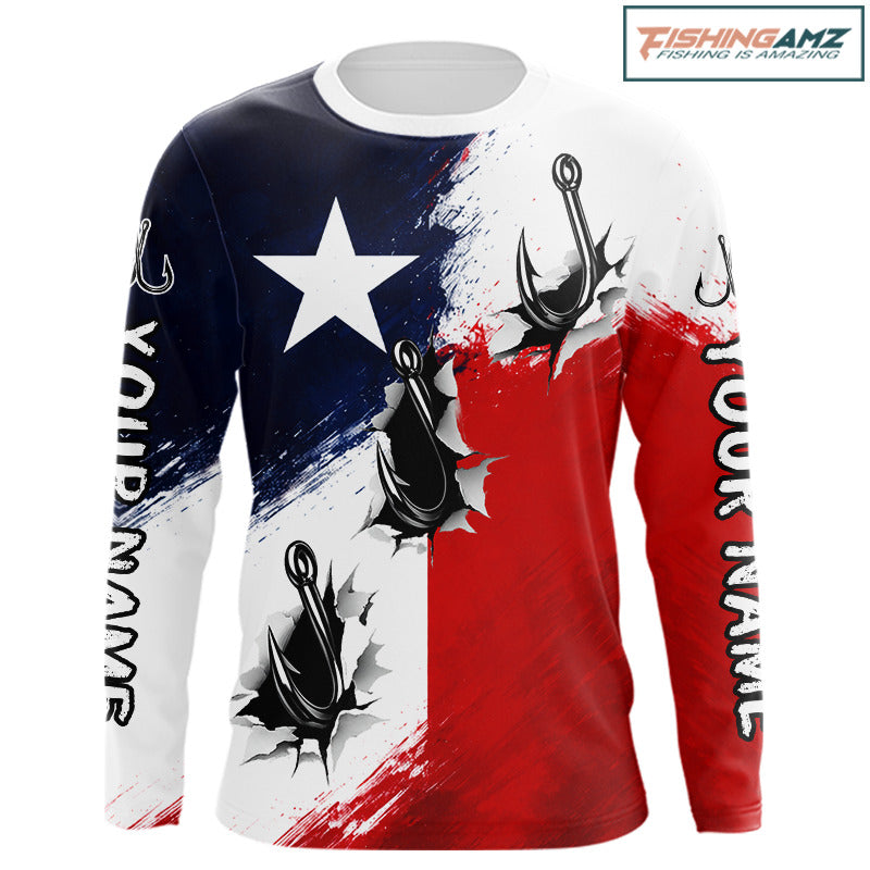 Texas Fishing Fish Hooks Patriotic Fishing Shirt Long Sleeve, Custom Name Fishing Jerseys NHT664