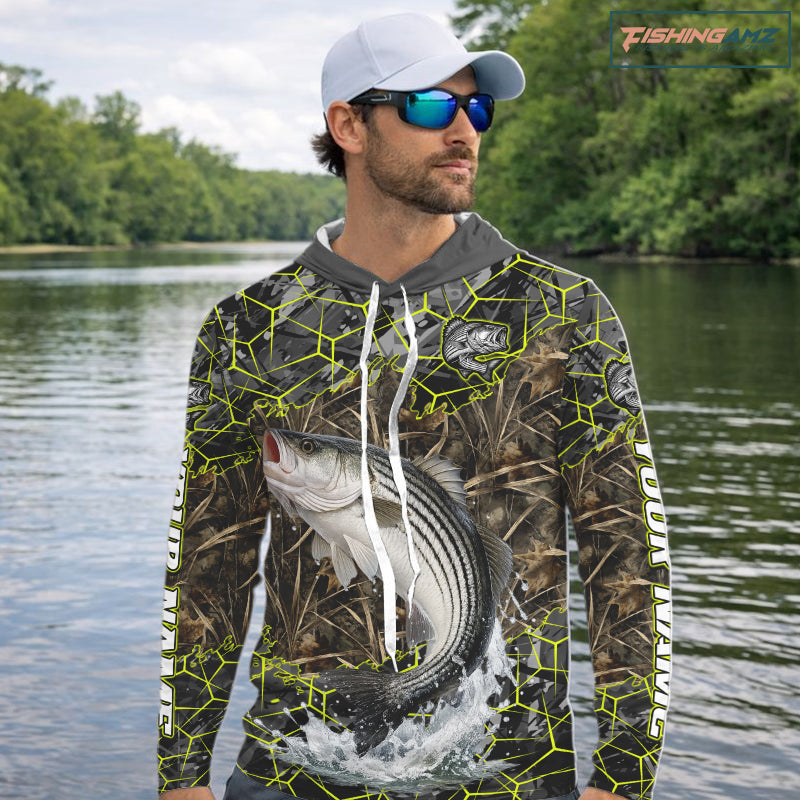 Striped Bass Custom Long Sleeve Hooded Fishing Shirts, Camouflage Striper Fishing Jerseys NHT518