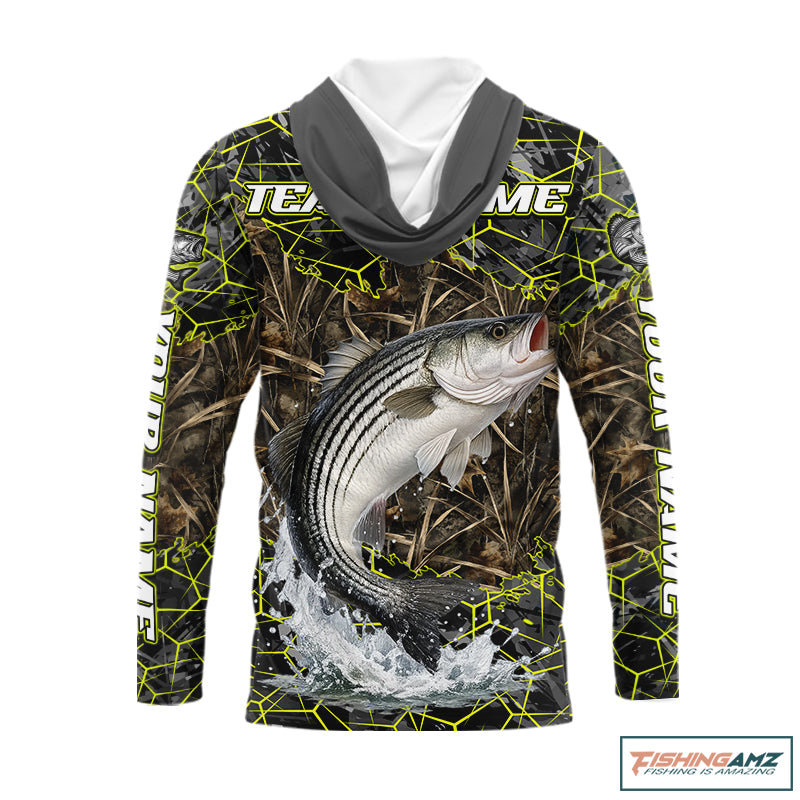 Striped Bass Custom Long Sleeve Hooded Fishing Shirts, Camouflage Striper Fishing Jerseys NHT518