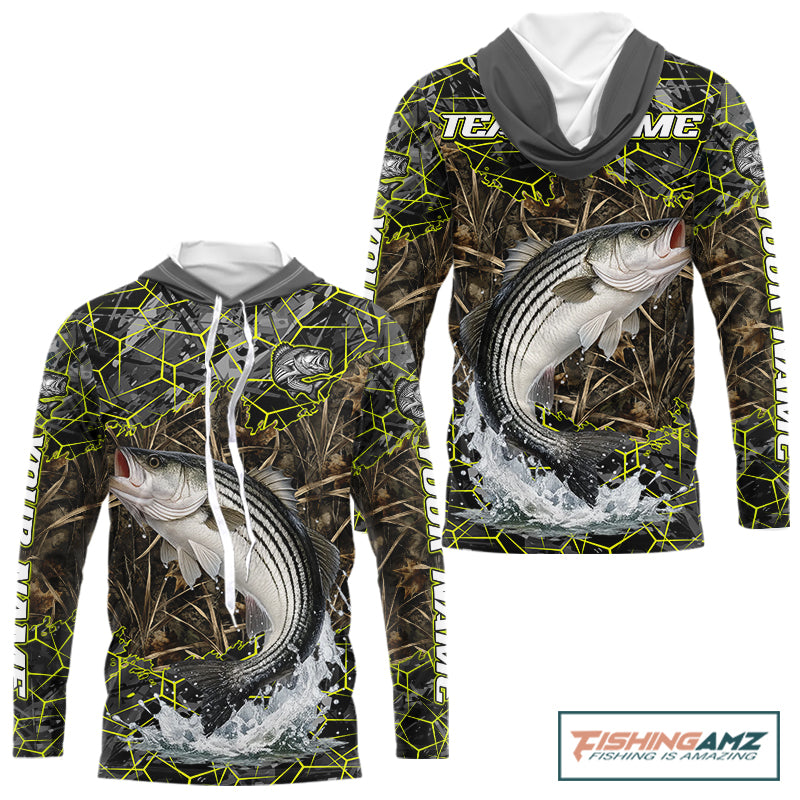 Striped Bass Custom Long Sleeve Hooded Fishing Shirts, Camouflage Striper Fishing Jerseys NHT518