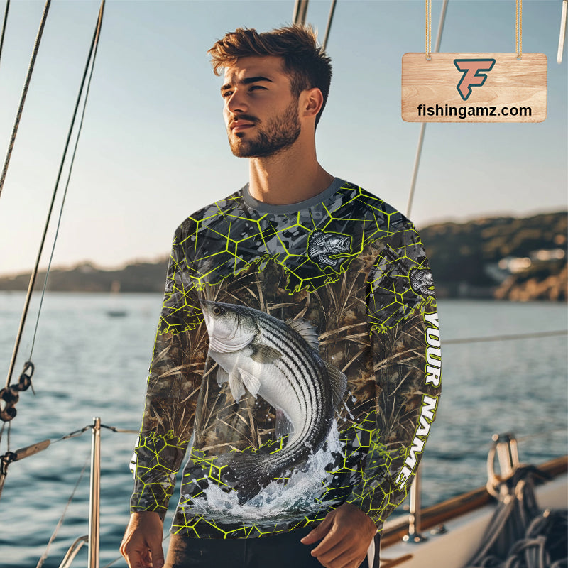Striped Bass Custom Long Sleeve Fishing Shirts, Camouflage Striper Fishing Jerseys NHT518