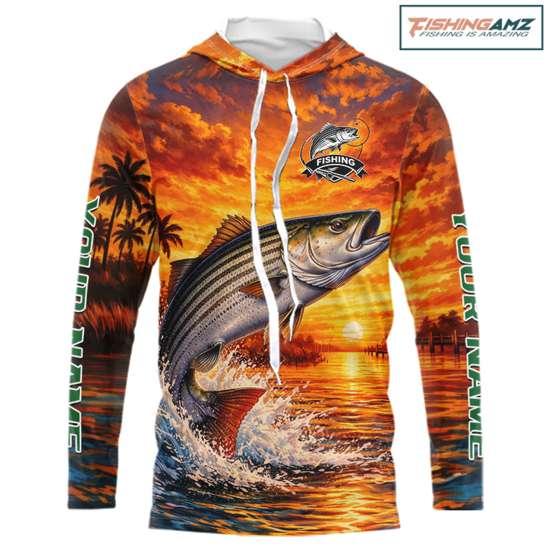 Personalized Striped Bass Fish Hooded Fishing Shirt Long Sleeve – Sunset Ocean Design NHT711