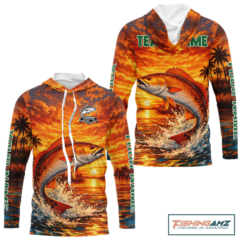 Personalized Redfish Fish Hooded Fishing Shirt Long Sleeve – Sunset Ocean Design NHT712