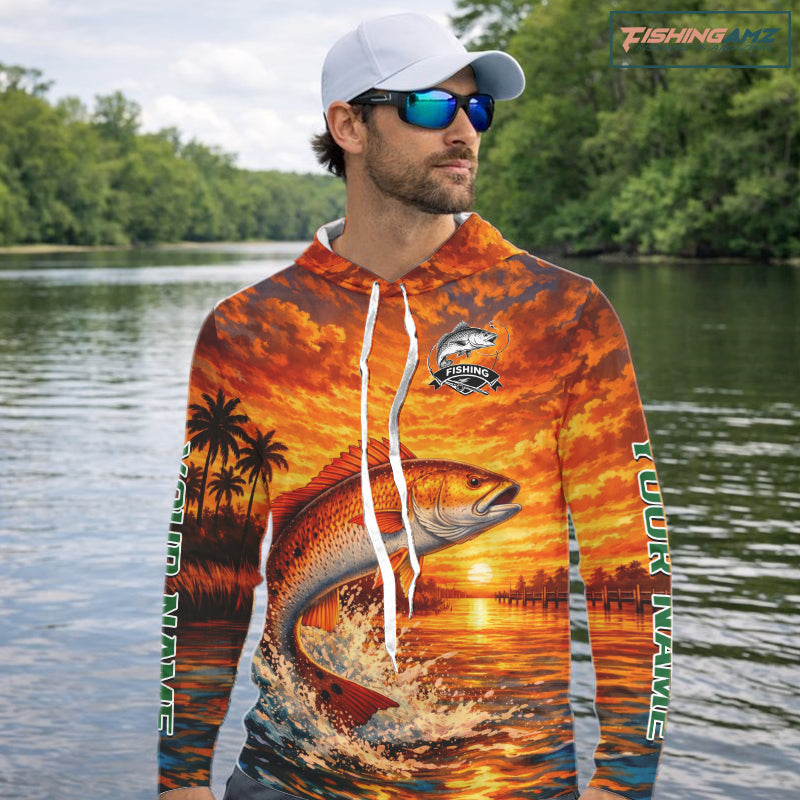 Personalized Redfish Fish Hooded Fishing Shirt Long Sleeve – Sunset Ocean Design NHT712