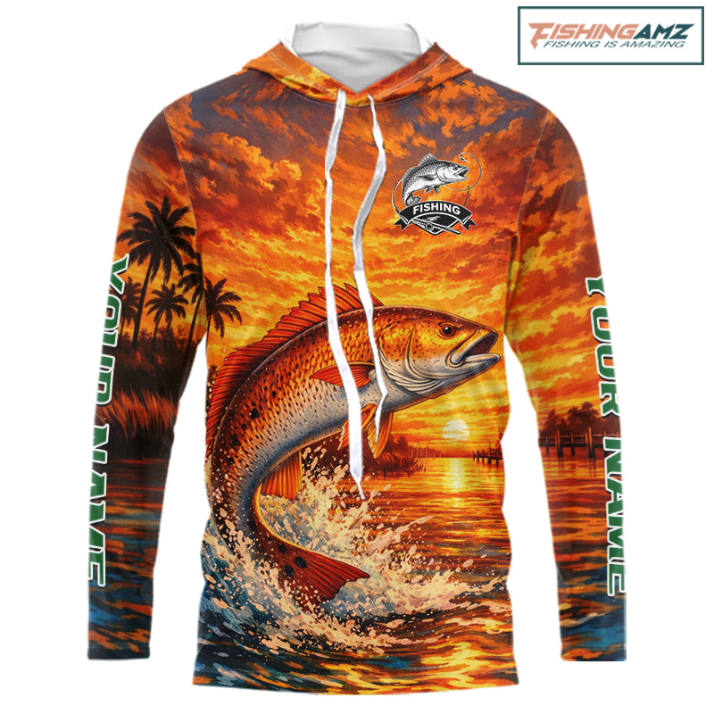Personalized Redfish Fish Hooded Fishing Shirt Long Sleeve – Sunset Ocean Design NHT712
