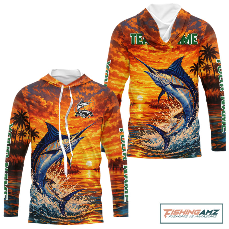 Personalized Marlin Fish Hooded Fishing Shirt Long Sleeve – Sunset Ocean Design NHT714