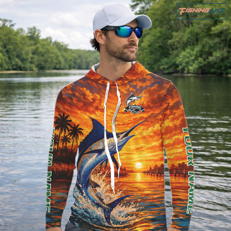 Personalized Marlin Fish Hooded Fishing Shirt Long Sleeve – Sunset Ocean Design NHT714