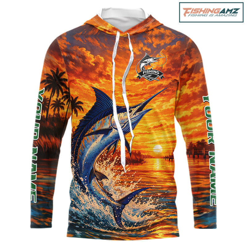 Personalized Marlin Fish Hooded Fishing Shirt Long Sleeve – Sunset Ocean Design NHT714