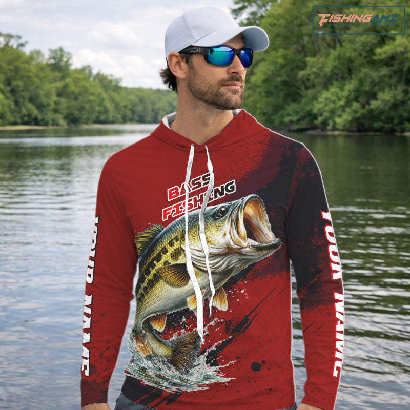 Bass Fishing Red Camo Custom Name UV Protection Fishing Shirts Hooded Long Sleeve For Men NHT528