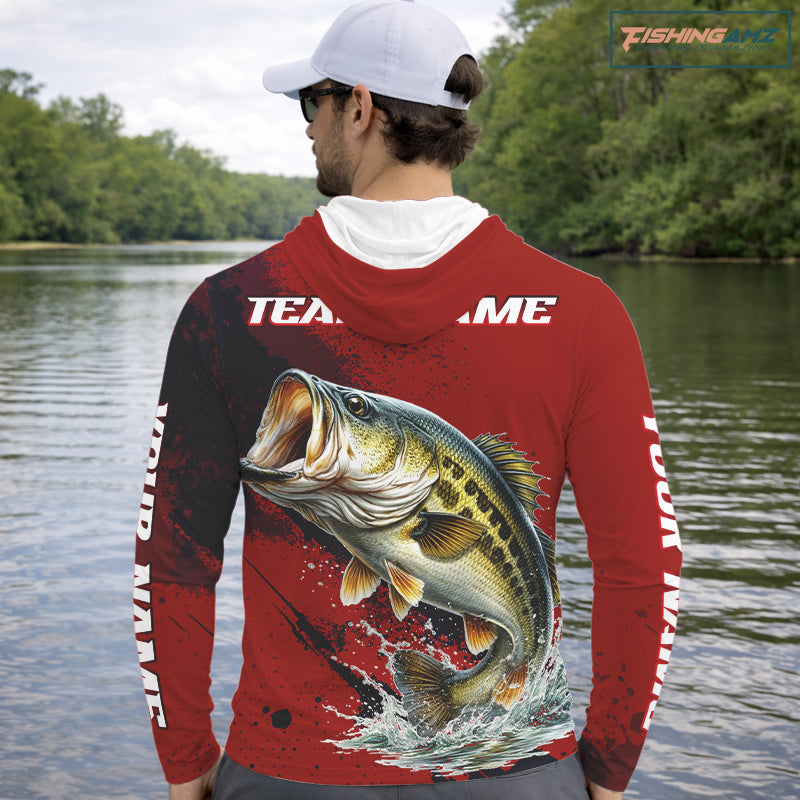Bass Fishing Red Camo Custom Name UV Protection Fishing Shirts Hooded Long Sleeve For Men NHT528
