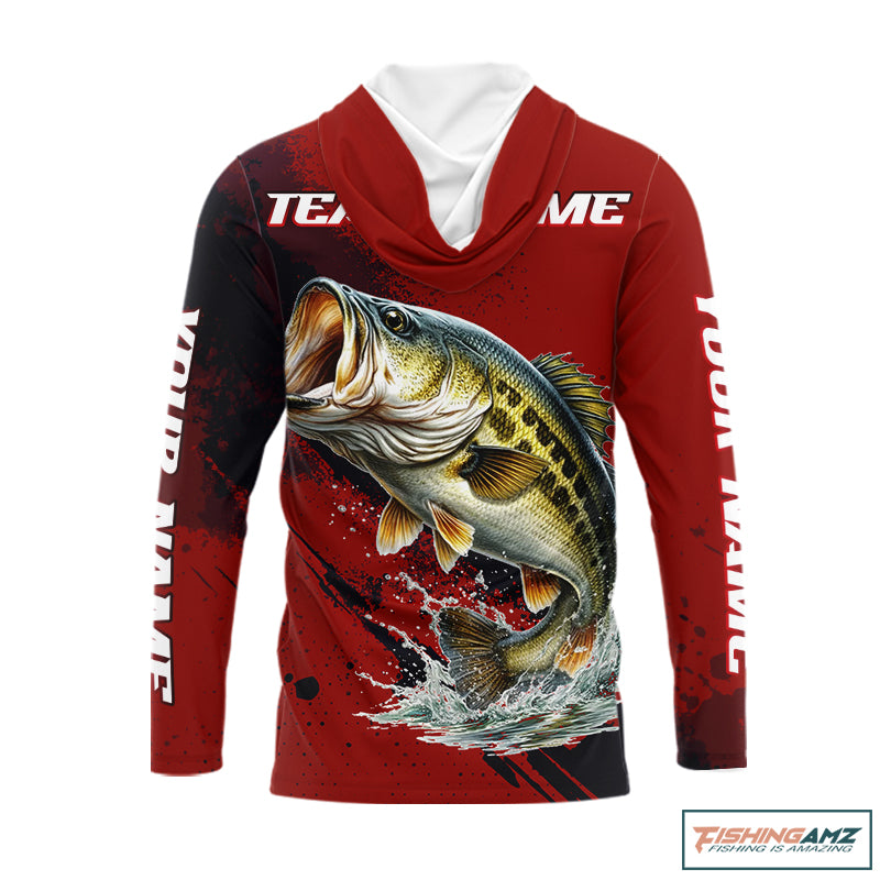 Bass Fishing Red Camo Custom Name UV Protection Fishing Shirts Hooded Long Sleeve For Men NHT528