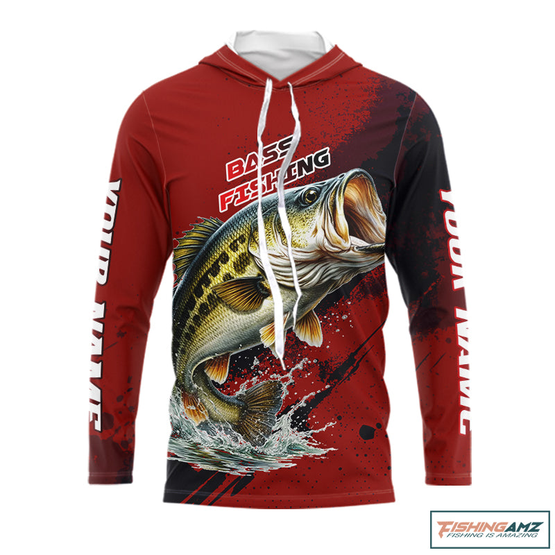 Bass Fishing Red Camo Custom Name UV Protection Fishing Shirts Hooded Long Sleeve For Men NHT528