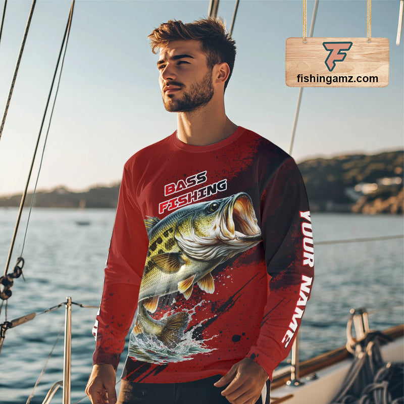 Bass Fishing Red Camo Custom Name UV Protection Fishing Shirts Long Sleeve For Men NHT528