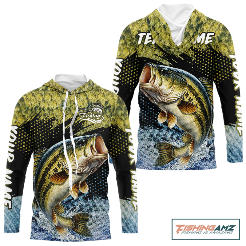 Largemouth Bass Fishing Green Camo Bass Jersey Customize Bass Fishing Shirts Long Sleeve Hooded NHT532