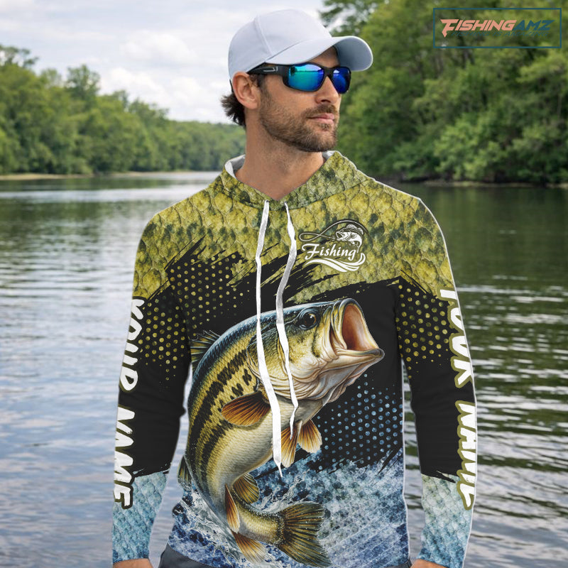 Largemouth Bass Fishing Green Camo Bass Jersey Customize Bass Fishing Shirts Long Sleeve Hooded NHT532
