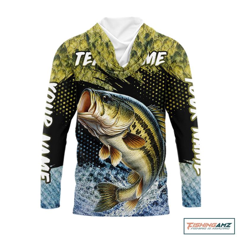 Largemouth Bass Fishing Green Camo Bass Jersey Customize Bass Fishing Shirts Long Sleeve Hooded NHT532