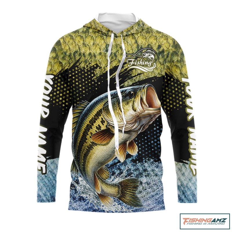 Largemouth Bass Fishing Green Camo Bass Jersey Customize Bass Fishing Shirts Long Sleeve Hooded NHT532