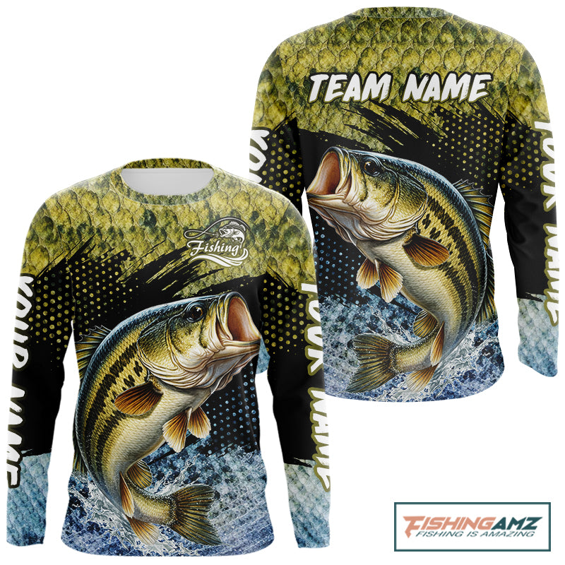 Largemouth Bass Fishing Green Camo Bass Jersey Customize Bass Fishing Shirts Long Sleeve