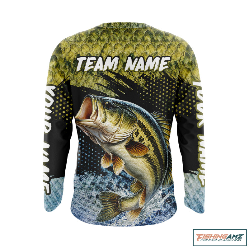 Largemouth Bass Fishing Green Camo Bass Jersey Customize Bass Fishing Shirts Long Sleeve