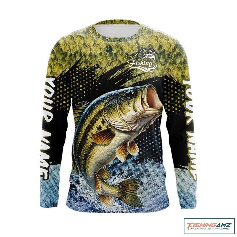 Largemouth Bass Fishing Green Camo Bass Jersey Customize Bass Fishing Shirts Long Sleeve