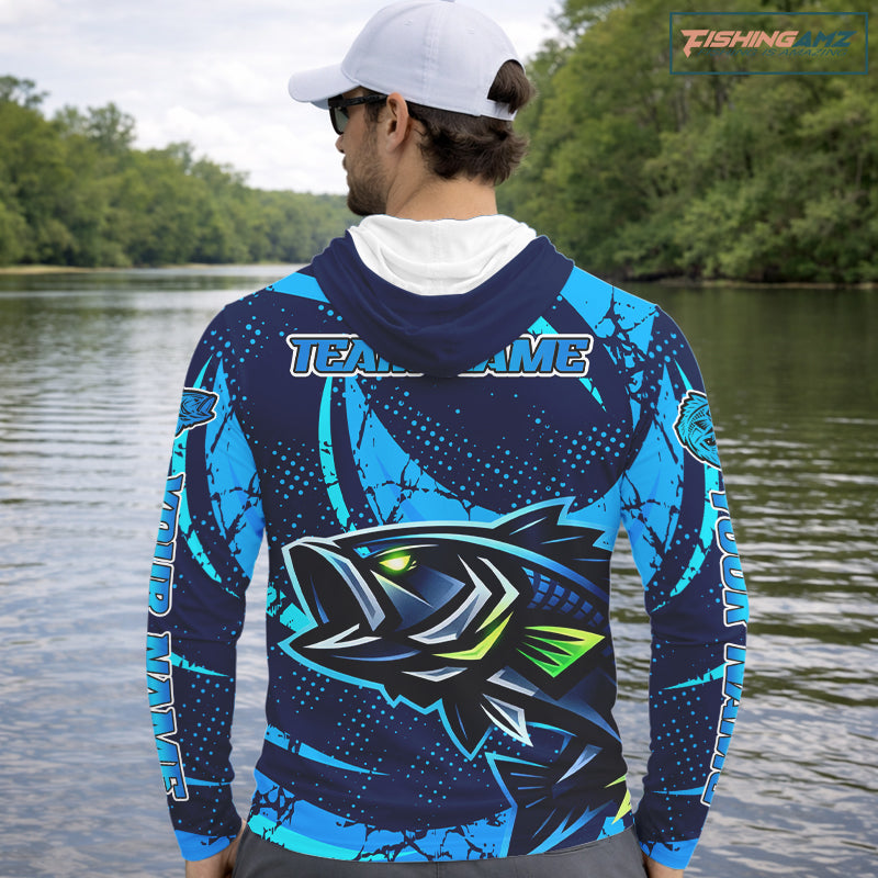 Blue Camo Largemouth Bass Fishing Jerseys, Custom Bass Performance Fishing Apparel NHT460