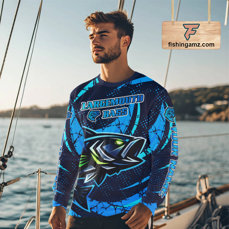 Blue Camo Largemouth Bass Fishing Jerseys, Custom Bass Performance Fishing Apparel NHT460