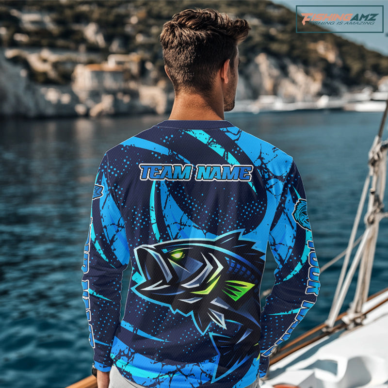 Blue Camo Largemouth Bass Fishing Jerseys, Custom Bass Performance Fishing Apparel NHT460