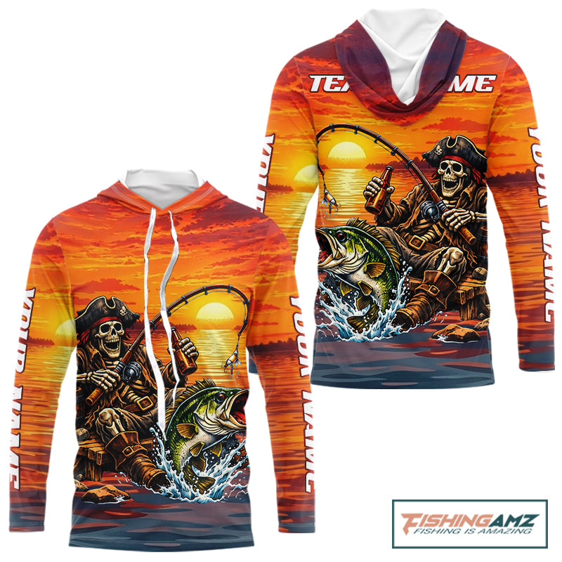 Skeleton Bass Fishing Shirts Long Sleeve – Sunset Fisherman Skull Design, Funny Fishing Gift For Anglers NHT536