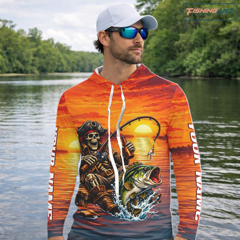 Skeleton Bass Fishing Shirts Long Sleeve – Sunset Fisherman Skull Design, Funny Fishing Gift For Anglers NHT536