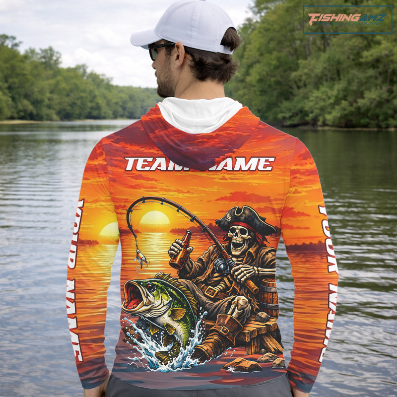 Skeleton Bass Fishing Shirts Long Sleeve – Sunset Fisherman Skull Design, Funny Fishing Gift For Anglers NHT536