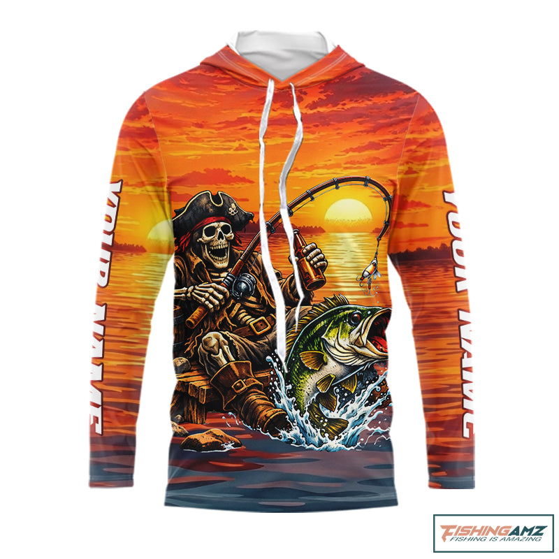 Skeleton Bass Fishing Shirts Long Sleeve – Sunset Fisherman Skull Design, Funny Fishing Gift For Anglers NHT536
