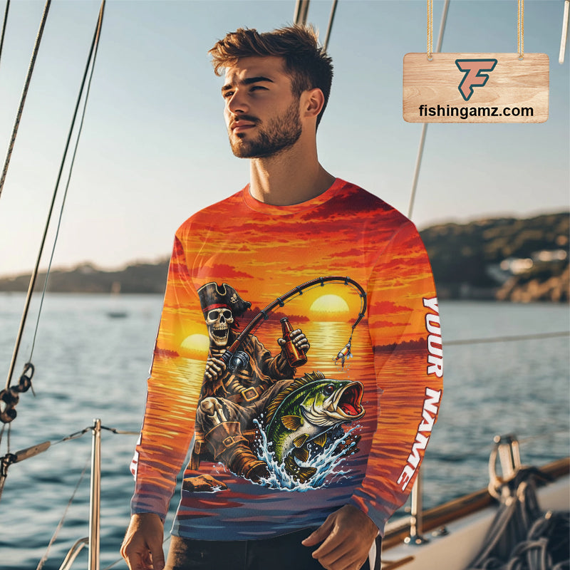 Skeleton Bass Fishing Shirts Long Sleeve – Sunset Fisherman Skull Design, Funny Fishing Gift For Anglers NHT536