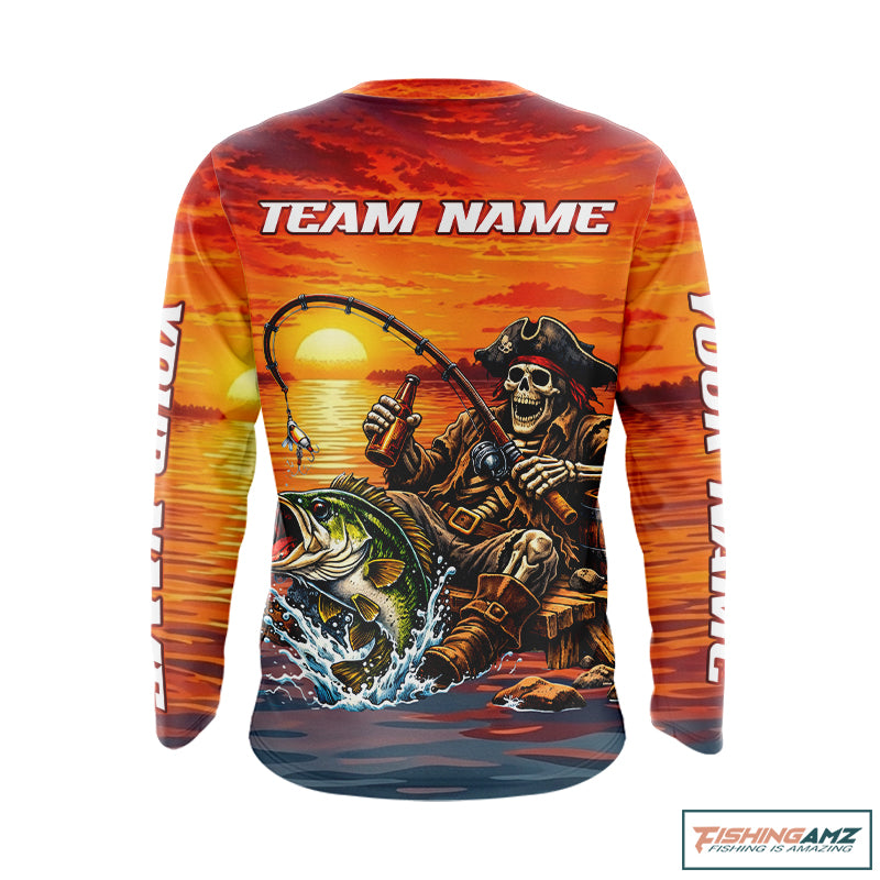 Skeleton Bass Fishing Shirts Long Sleeve – Sunset Fisherman Skull Design, Funny Fishing Gift For Anglers NHT536