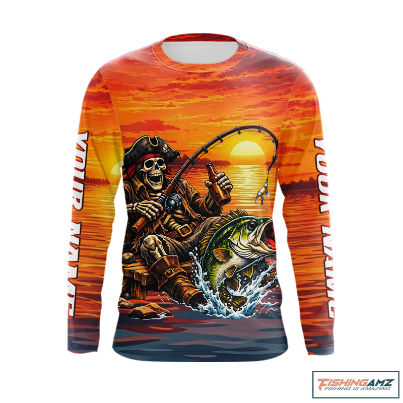 Skeleton Bass Fishing Shirts Long Sleeve – Sunset Fisherman Skull Design, Funny Fishing Gift For Anglers NHT536