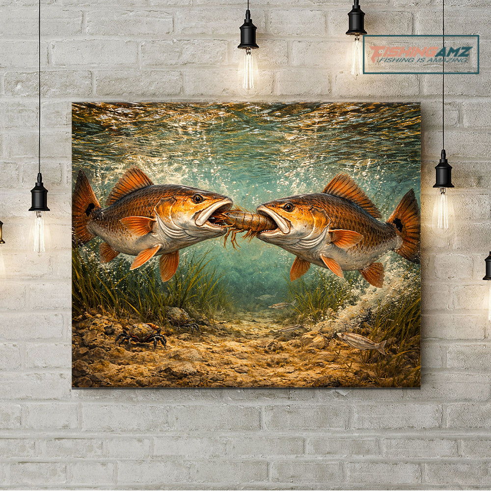 Battle Underwater: Red Drum Fighting Over Shrimp, Saltwater Fishing Painting on Canvas NHT469